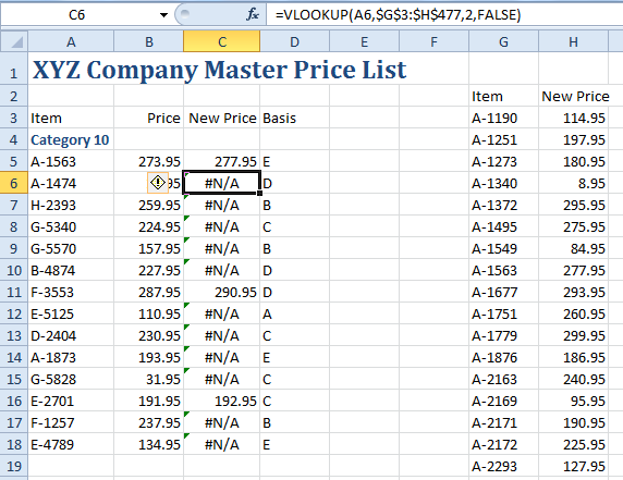 A bunch of #N/A errors in column C A bunch of #N/A errors in column C